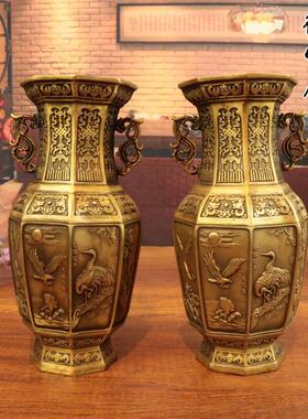 铜花瓶纯铜彷古供佛花瓶松鹤延年富贵大吉大展宏图连年有鱼一对