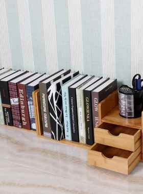 抽九强楠竹面小书架简桌易实木书架学RRQ生桌上伸缩书架双屉小书