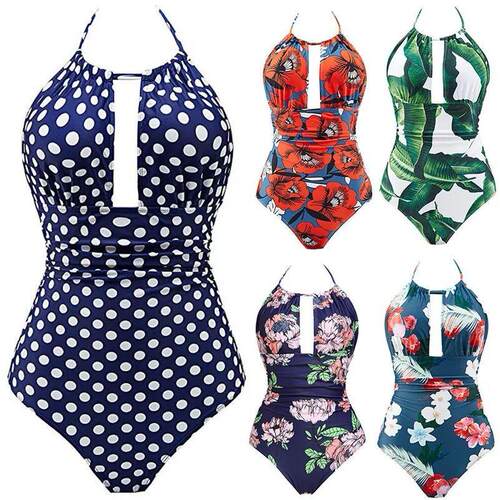Swimsuit, women's one-piece swimsuit, printed drawstring