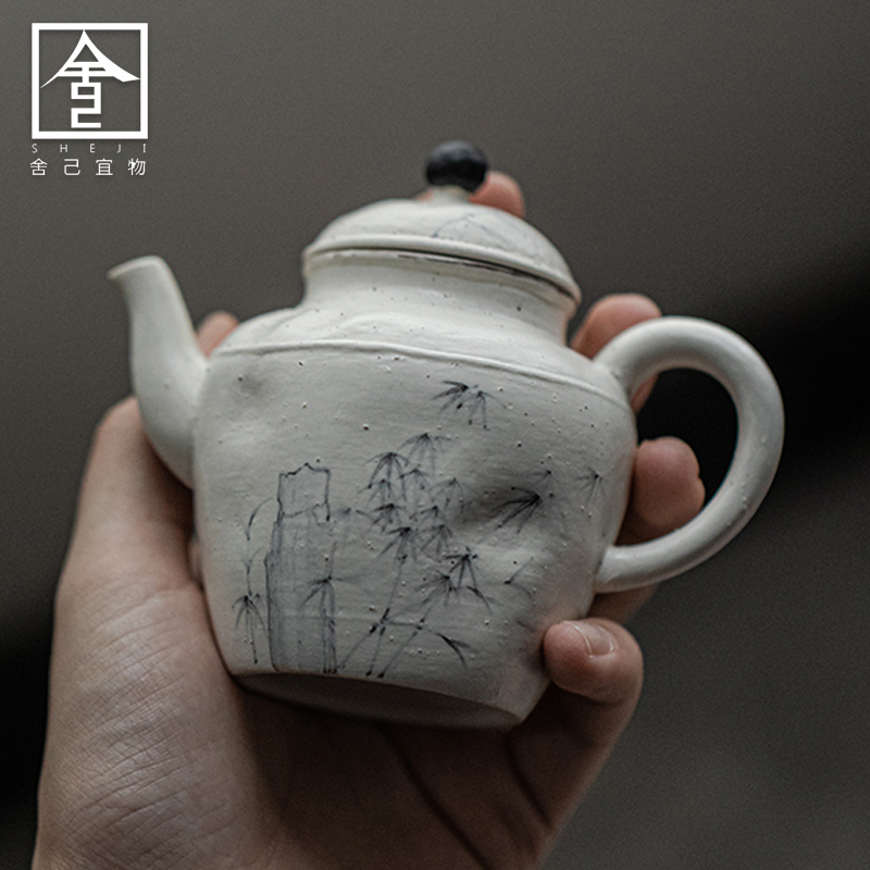手绘墨竹诧寂风白粉引粗陶茶壶带过滤家用泡茶壶单壶防烫手抓壶