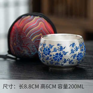 手工鎏银茶杯创意陶瓷银杯子青花缠枝莲纯银主人杯单杯礼品茶盏
