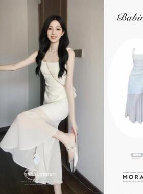 法式无袖吊带白色连衣裙子女新款夏季海边度假鱼尾长裙高级感