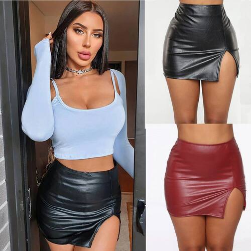 Womens PU Leather Skirt Casual Plain Split Short Skirt