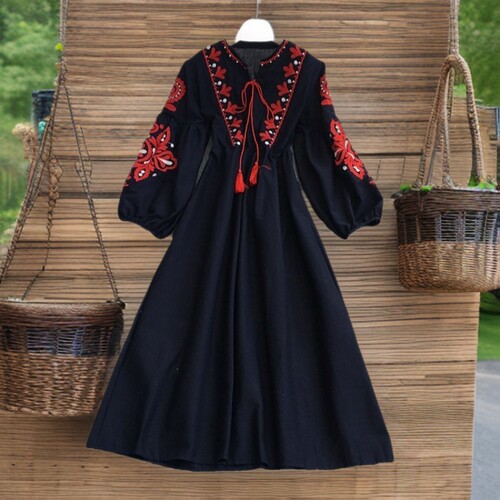 V-neck flared sleeve lace up big swing ruffle edge dress