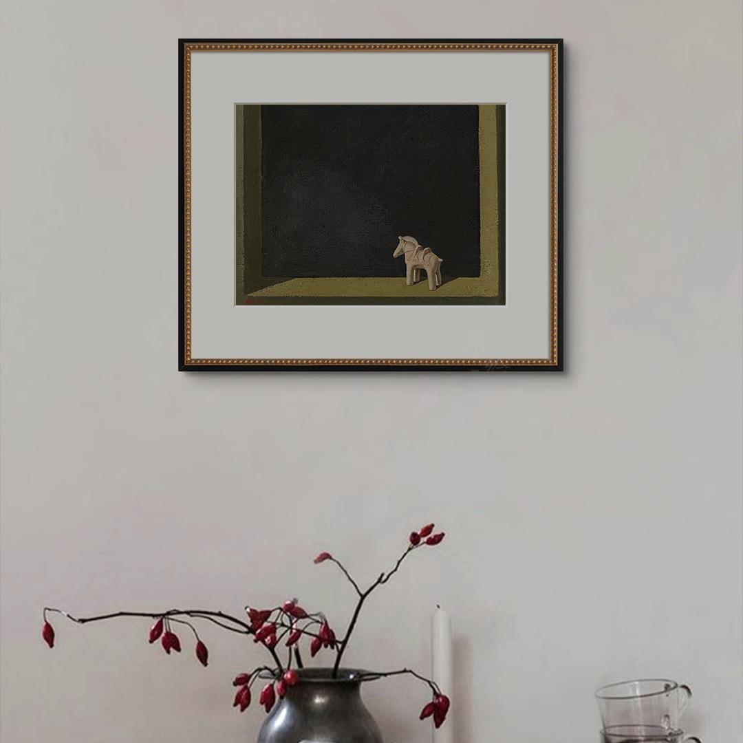 法式中古风窗台上的小马实木边框装饰画小众复古客厅壁画玄关挂画