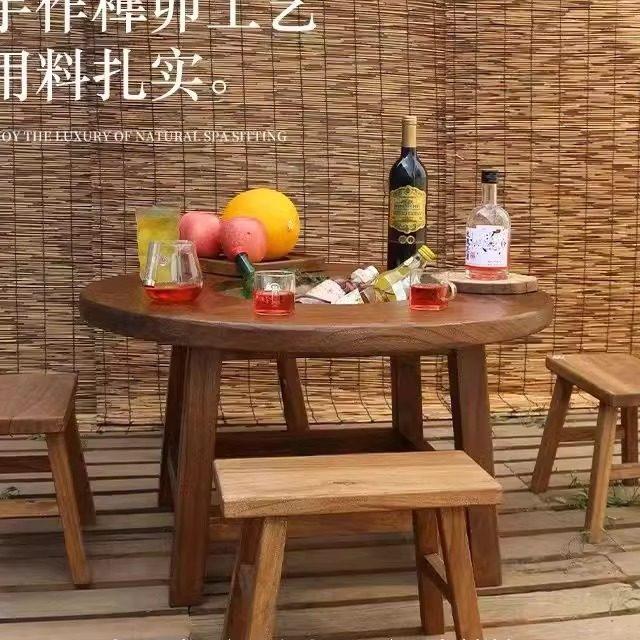老榆木围炉茶桌实木小圆桌复古原木阳台煮茶桌户外围炉烧烤火锅桌