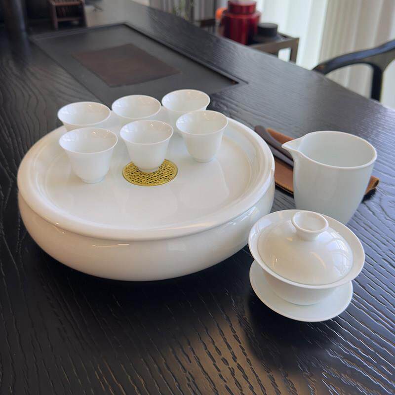 中式茶具套组喝茶泡茶组合冲茶盖碗陶瓷羊脂玉储水圆形茶盘茶船