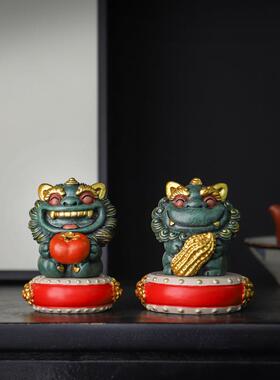 国风新中式红色圆形钟鼓工艺品摆件茶壶底座盖置博古架书房装饰品