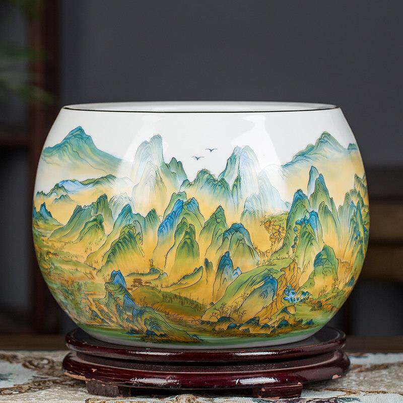 景德镇陶瓷聚宝盆摆件乔迁礼物生财旺财大号小号山水画 画花瓶底