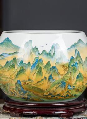 景德镇陶瓷聚宝盆摆件乔迁礼物生财旺财大号小号山水画 画花瓶底