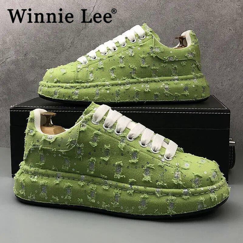 Winnie Lee板鞋男时尚潮流休闲鞋厚底增高小白鞋新款透气英伦风布