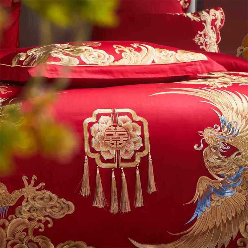 婚00双股长绒1棉结四件套纯棉DPZ婚嫁大庆红色刺绣提花被婚套陪嫁