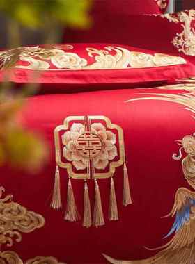 婚00双股长绒1棉结四件套纯棉DPZ婚嫁大庆红色刺绣提花被婚套陪嫁