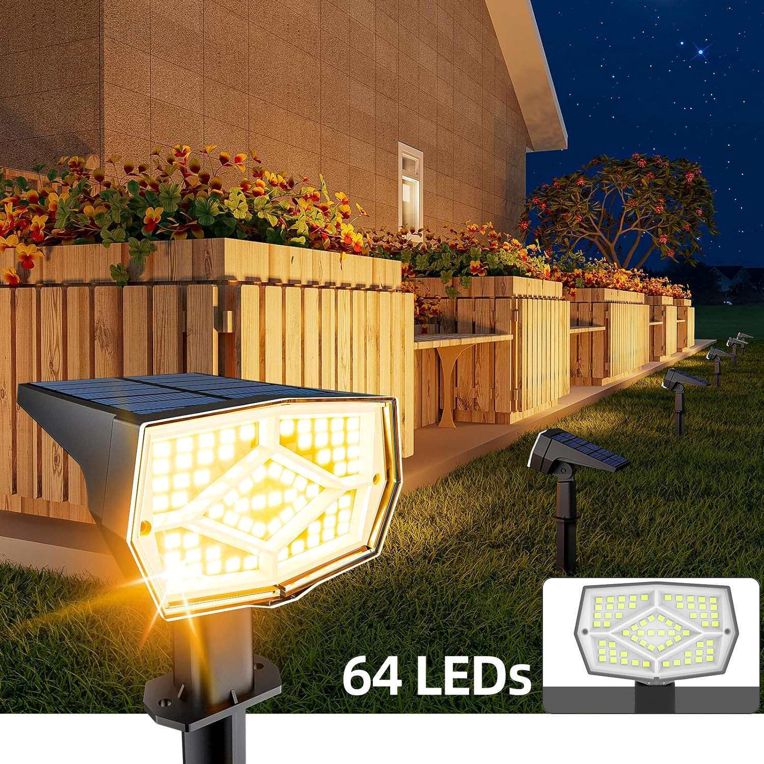 户外太阳能聚光灯64LED景观灯3种照明模式防水庭院花园户外草坪灯