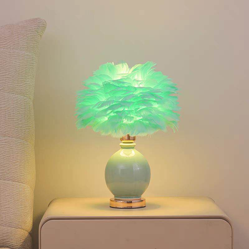 天鹅毛台灯羽毛卧室床头装饰轻奢摆件浪漫温馨法式奶油风婚房夜灯