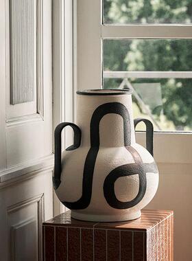 新中式复古手绘线条条纹花瓶样板间民宿家居客厅书房玄关装饰花器