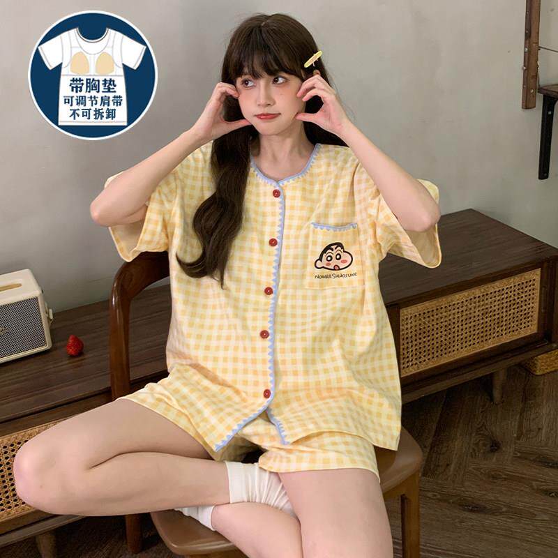夏季短袖睡衣女带胸垫可爱开衫休闲学生薄款短裤可外穿家居服套装