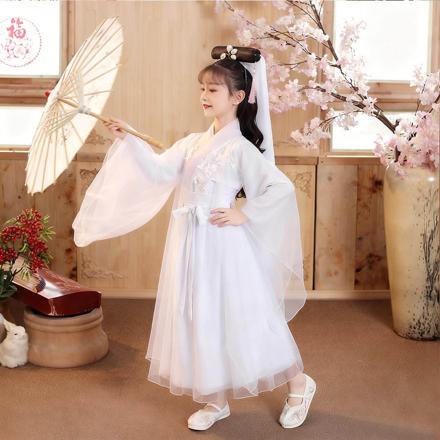 六一儿童演出服古典舞蹈小小白娘子青城山下白素贞伞舞白蛇扇子舞