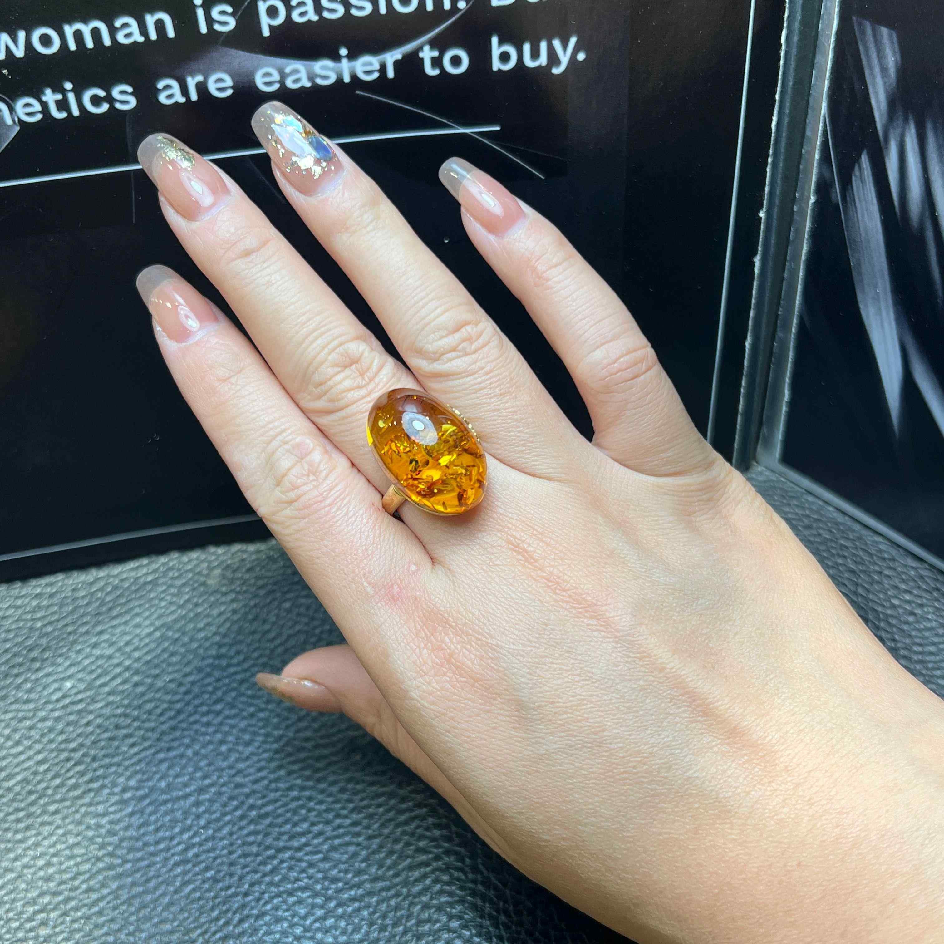 特价 欧货进口轻奢女款 天然琥珀花珀戒指 保真正品 金红风景爆花