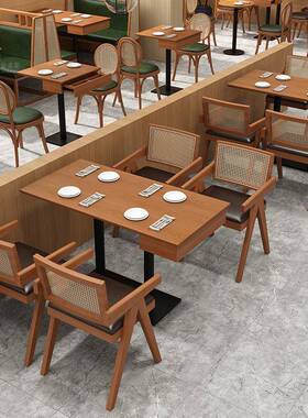 中式餐厅桌椅实木编藤餐椅咖啡厅奶茶店中式风格休闲桌椅