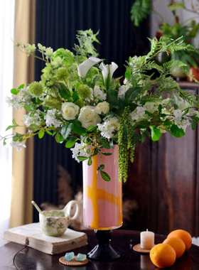 高级感中古高脚玻璃花瓶客厅水养插花艺术风灯摆件新中式装饰品