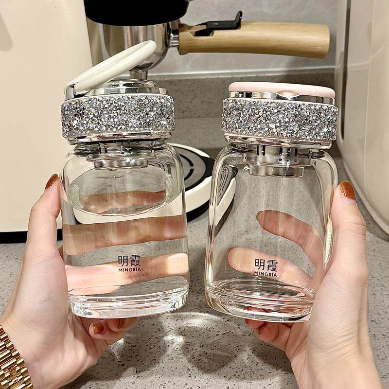 带钻轻奢高硼硅玻璃杯耐高温泡茶分离水杯2025新款粉色黑色DIY