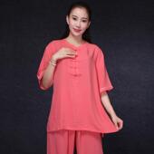 春夏中袖 高档太极服夏季 中老年亚麻国表演服 中 练功服风棉女 短袖