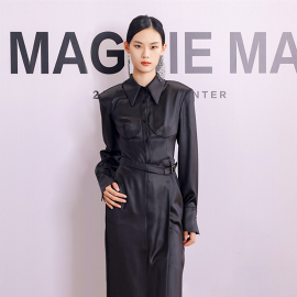 MAGGIE MA马婧设计师款连衣裙哑光黑气质时尚开叉腰带显瘦衬衫裙