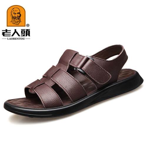 正品头老人凉鞋滩男士真皮夏防季休闲皮凉鞋牛皮透气魔术贴软底滑