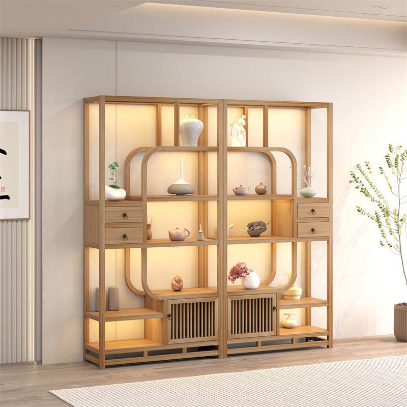 新中式博古架纯实木多宝阁展示柜茶叶隔断架子书架酒柜简约原木色