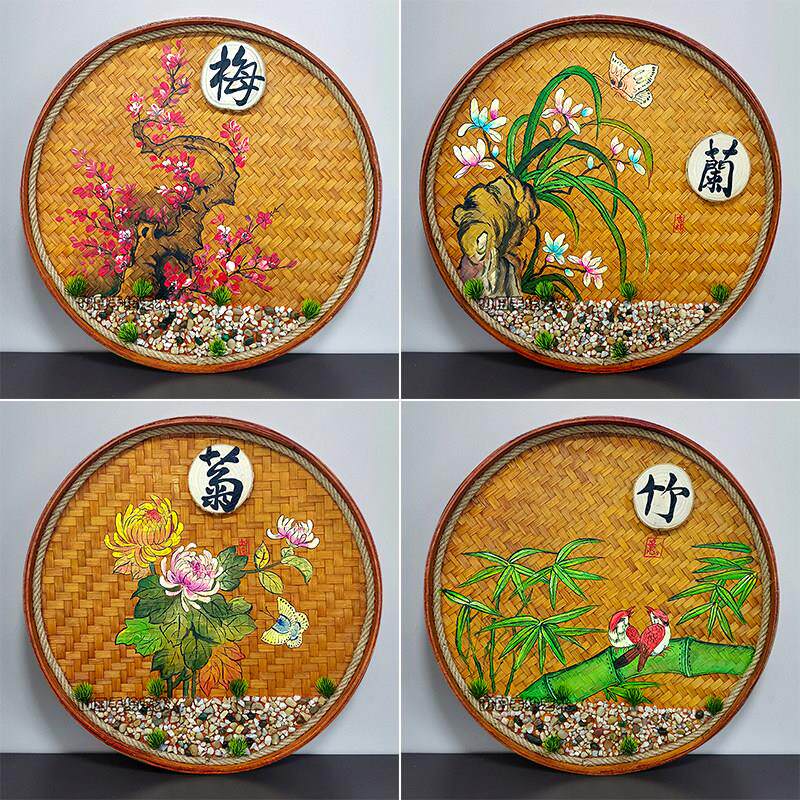 手绘竹编画春夏秋冬乡村墙壁挂画茶室饭店墙面装饰挂饰农家院挂饰