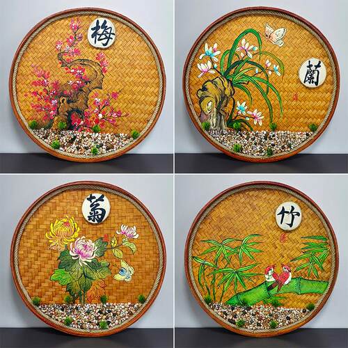 手绘竹编画春夏秋冬乡村墙壁挂画茶室饭店墙面装饰挂饰农家院挂饰