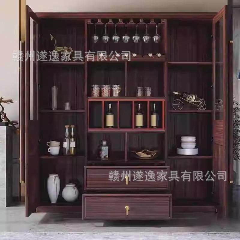 乌金木酒柜餐边柜一体靠墙展示柜客厅储物柜红酒洋新中式实木酒柜