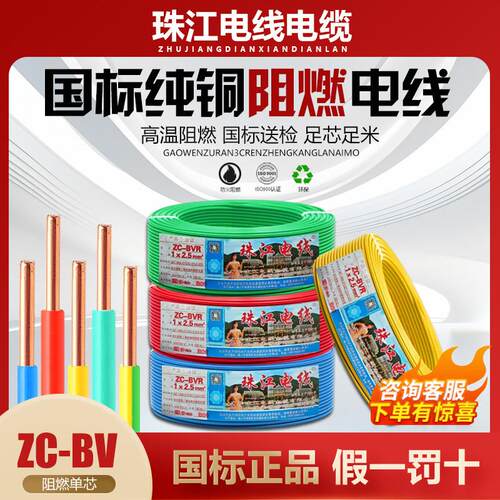 珠江电线国标纯铜芯2.5/4/6/10/16平方阻燃家装工程单芯接地线BVR