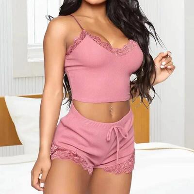 Women Lace Pajama Set Soft mforle V-Neck Sleepwears Sexy Fem