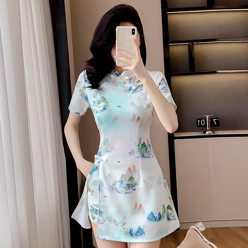 改良旗袍套装裤两件套夏国风复古印花美容师足浴技师工作服