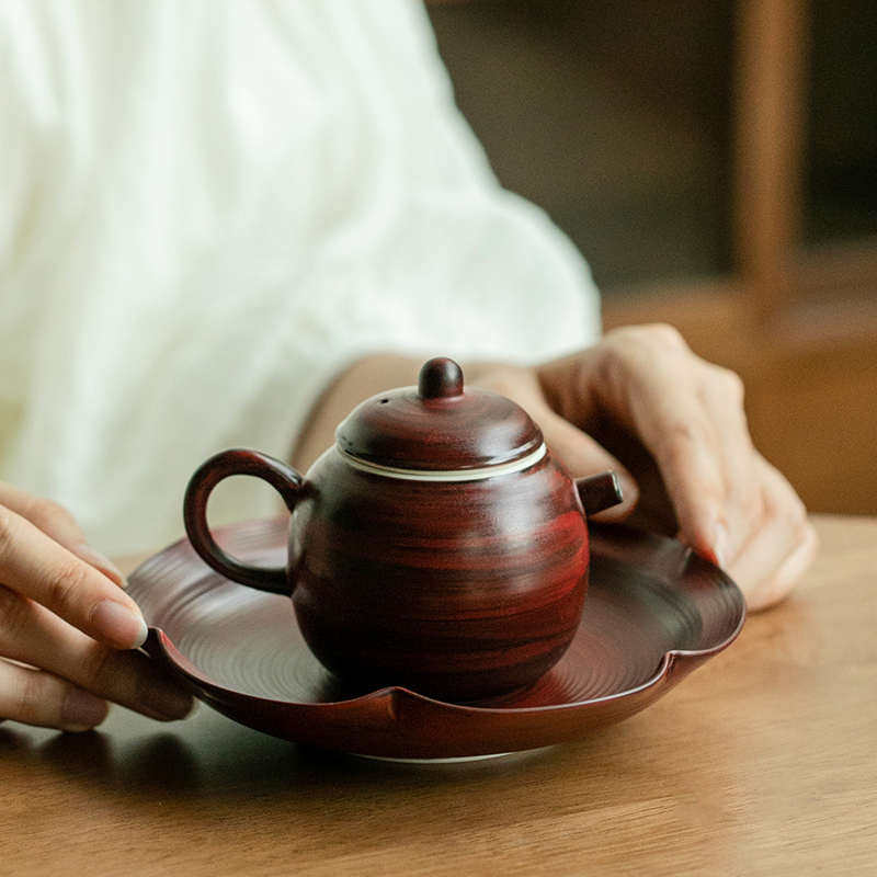 拓土粉引胭脂红茶壶陶瓷泡茶壶功夫茶具侘寂风小茶壶带过滤球孔壶