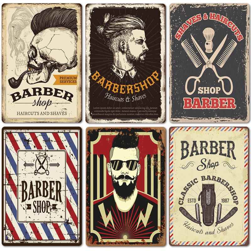2024新款 barbershop海报复古铁皮画 理发店背景墙壁无框装饰挂画
