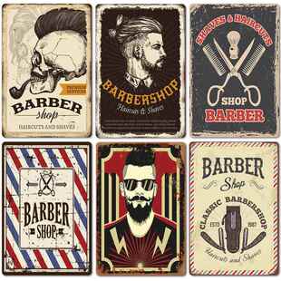 2024新款 barbershop海报复古铁皮画 理发店背景墙壁无框装饰挂画