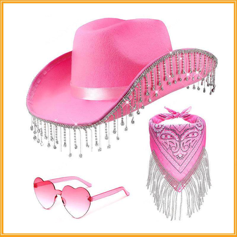 气球链商场拱门水钻流苏牛仔帽三件套黑色牛仔太阳眼镜流苏丝巾装