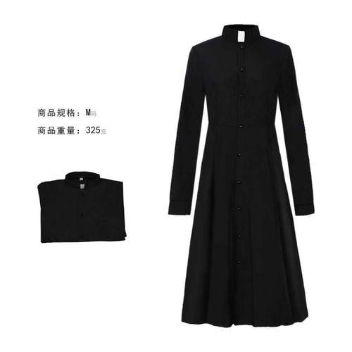 新款中出世纪女款牧师演服万圣节成人co神父黑色经典款长s袍立长