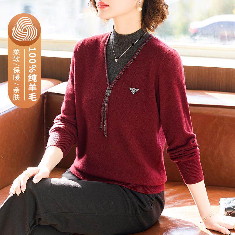 %纯羊毛衫妈妈冬装加厚红色毛衣中老年女本命年打底衫针织上衣