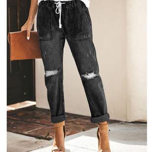 straight leg pants Women holes jeans with long