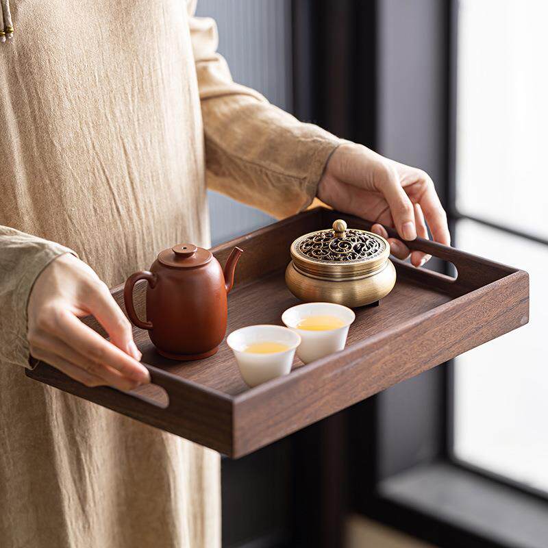 手提双耳胡桃木托盘茶具茶点收纳盘实木长方形点心盘家用茶几茶盘