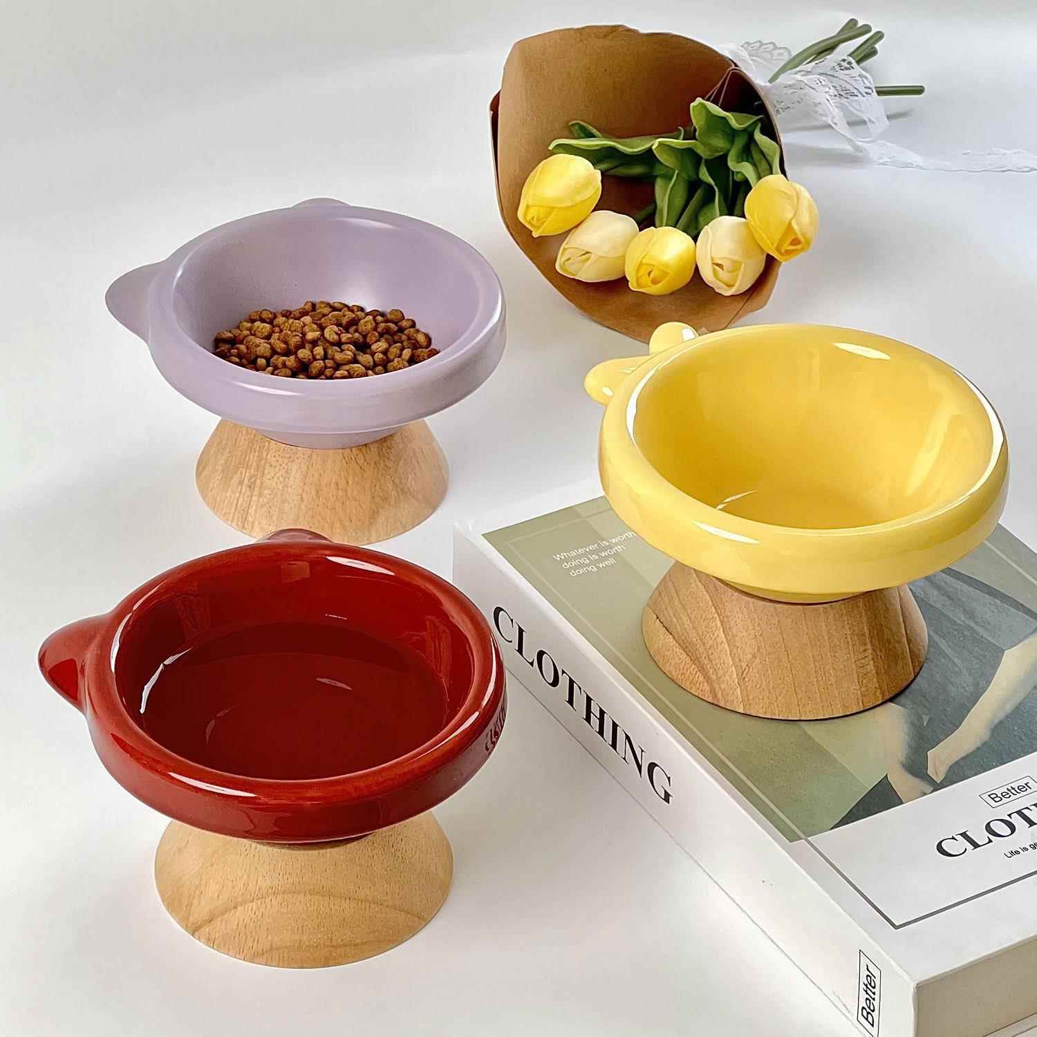 创意马卡龙色系宠物碗带木墩架陶瓷猫咪碗 宠物高脚碗 猫粮碗狗碗