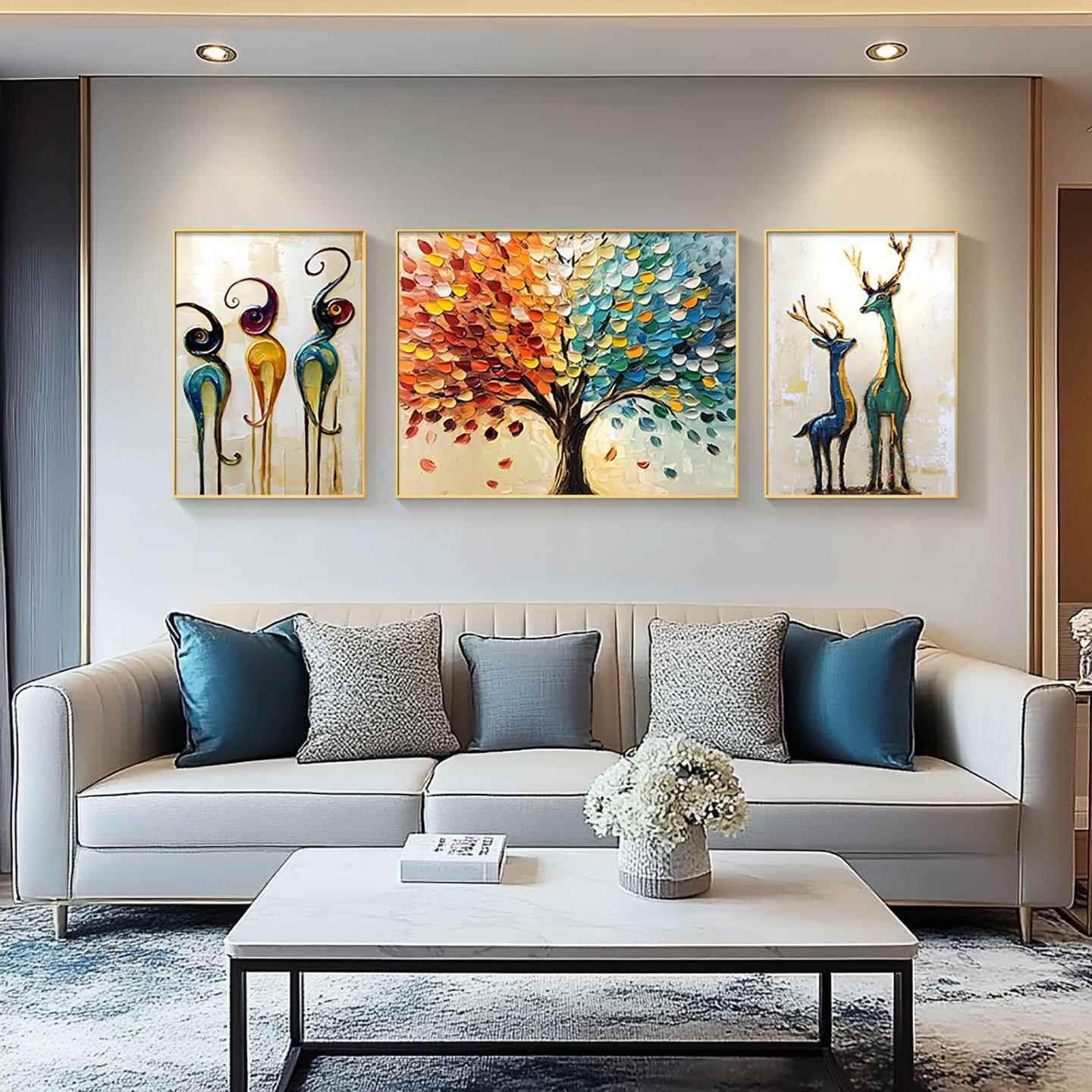 好寓意客厅发财树装饰画肌理沙发背景墙挂画三联组合轻奢高级壁画图片