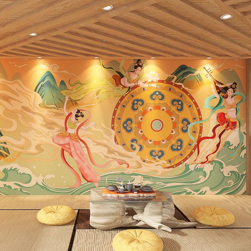 敦煌飞天仙女图墙纸酒店大堂客房玄关定制壁画足浴采耳理疗店墙布