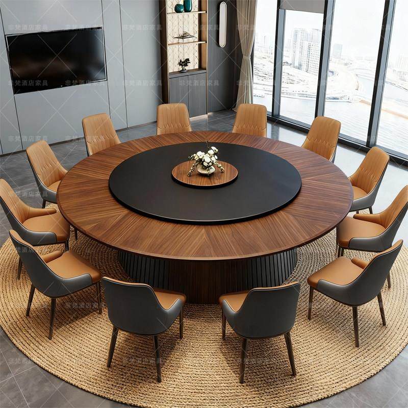 新中式酒店餐桌电动大圆桌岩板圆桌餐椅20人餐厅酒店会所包厢定制