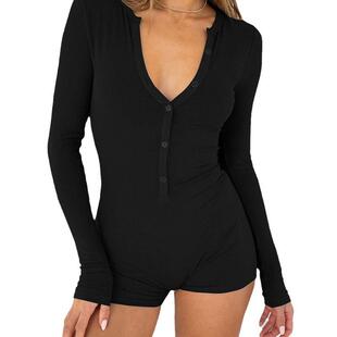 Women'S Bodycon Jumpsuit, Long Sleeve V Neck Button Front