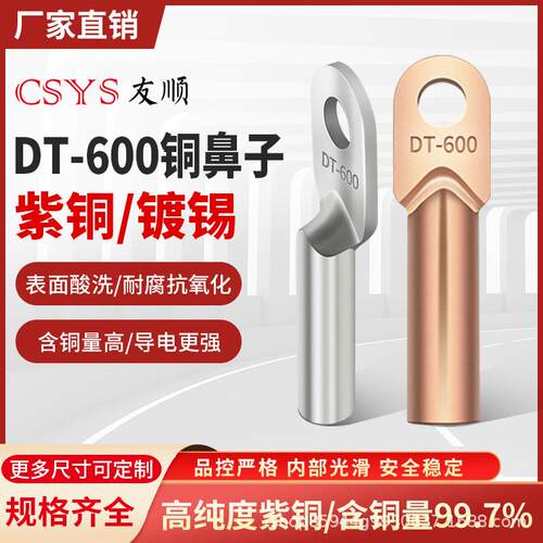 DT-600mm本色和镀锡铜鼻子铜接头线耳堵油式冷压电线电缆接线端子